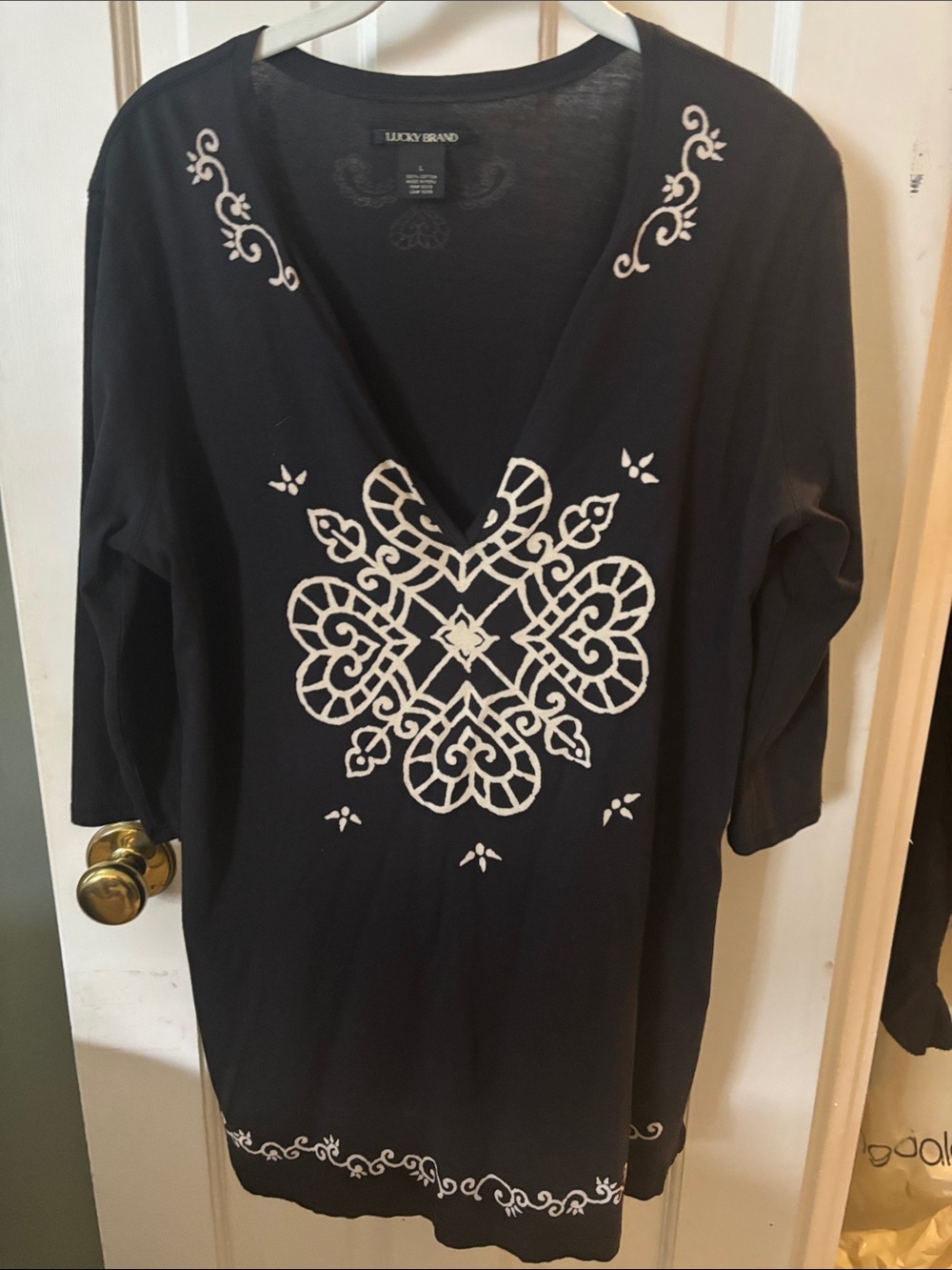 Lucky Brand  deep charcoal Tunic with White printed Embroidered Medallion